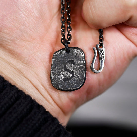 Oxidized Rustic Initial Pendant with rock texture/ Rustic Handmade Stamp Letter necklace as Anniversary or Birthday Gift For Man