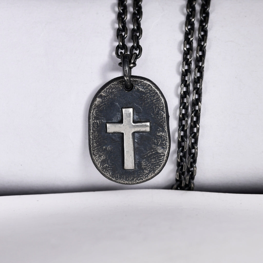 Silver Cross Man's Necklace / Black Rustic Handmade masculine cross Pendant