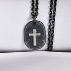 Silver Cross Man's Necklace / Black Rustic Handmade masculine cross Pendant