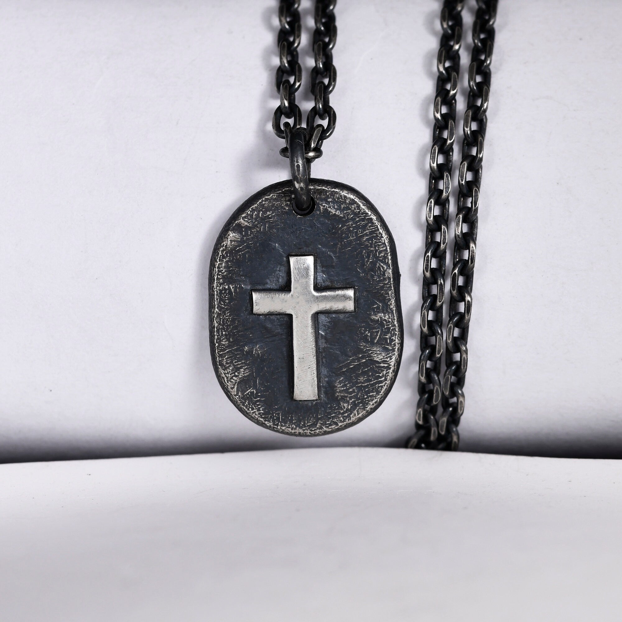 Silver Cross Man's Necklace / Black Rustic Handmade masculine cross Pendant