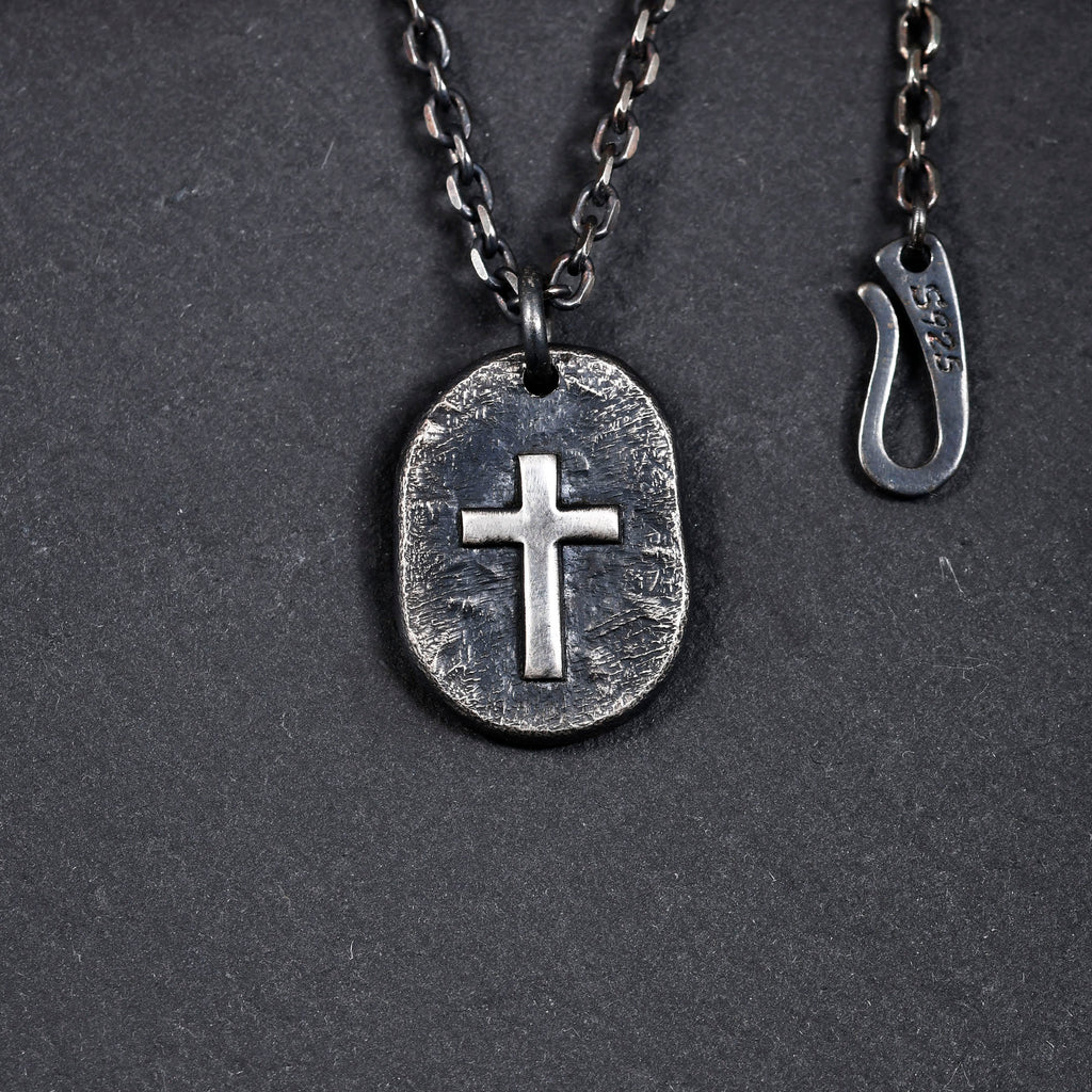 Silver Cross Man's Necklace / Black Rustic Handmade masculine cross Pendant