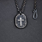 Silver Cross Man's Necklace / Black Rustic Handmade masculine cross Pendant