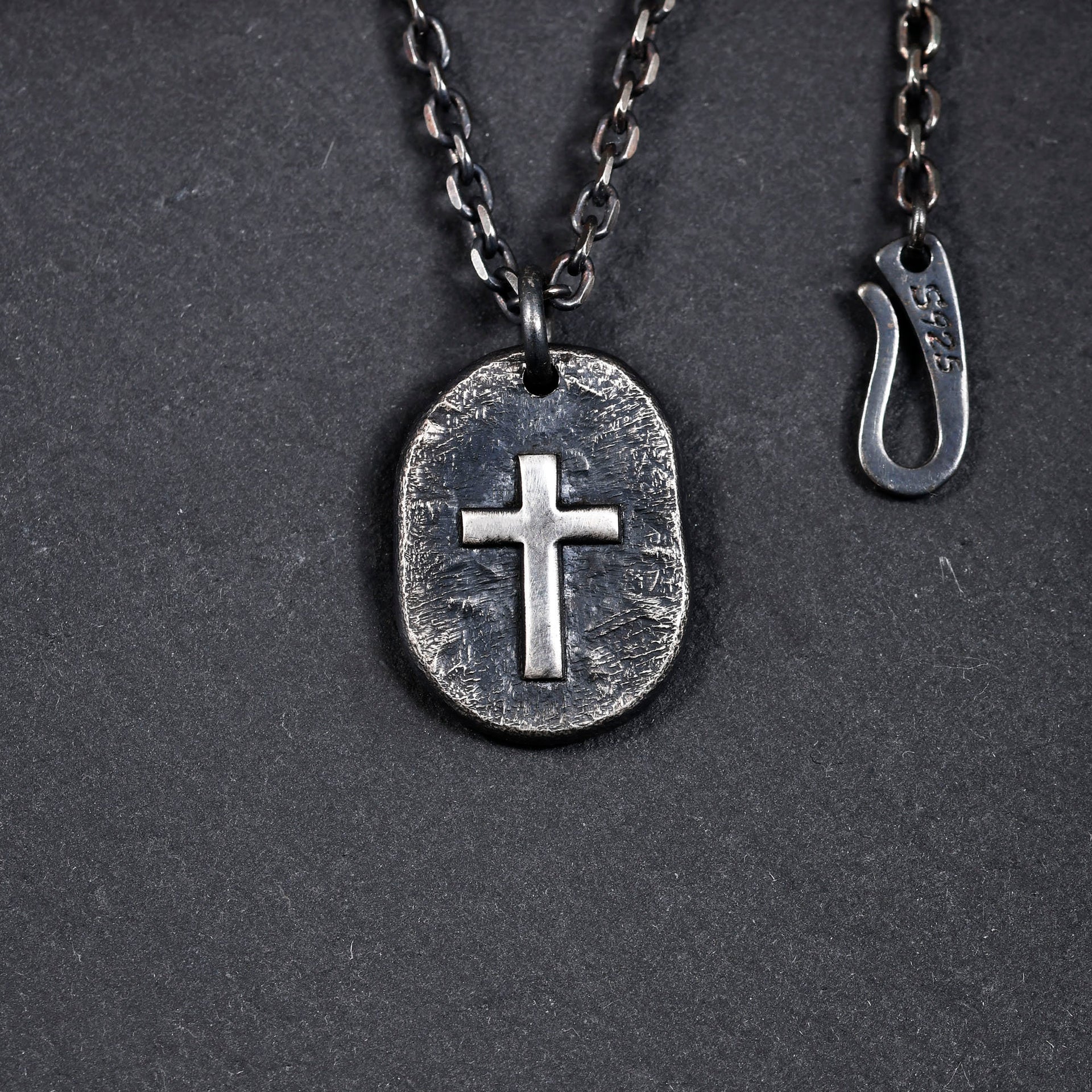 Everyday mens Christian cross pendant with rustic black silver finish