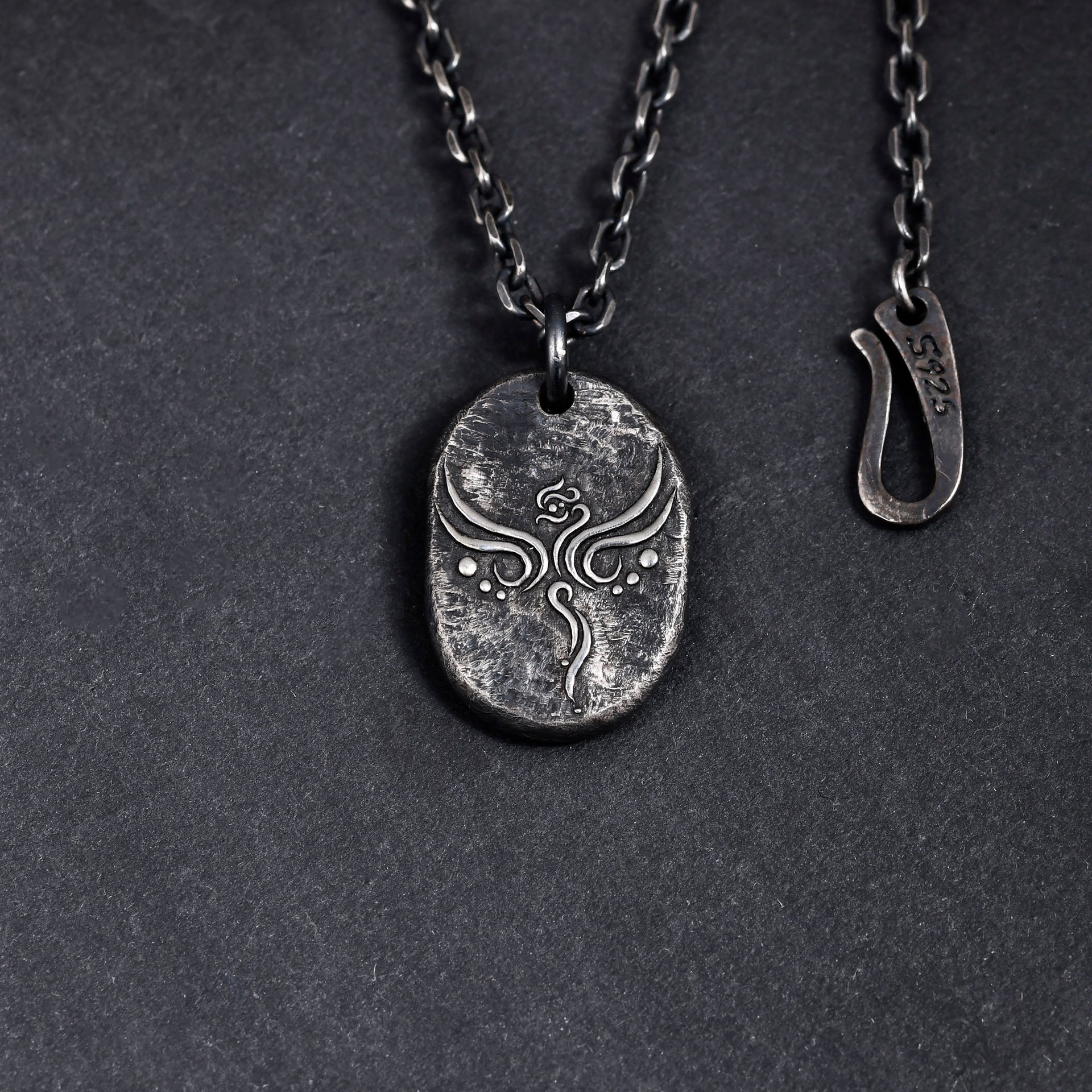 Handmade phoenix necklace pendant with dark silver Chinese totem design