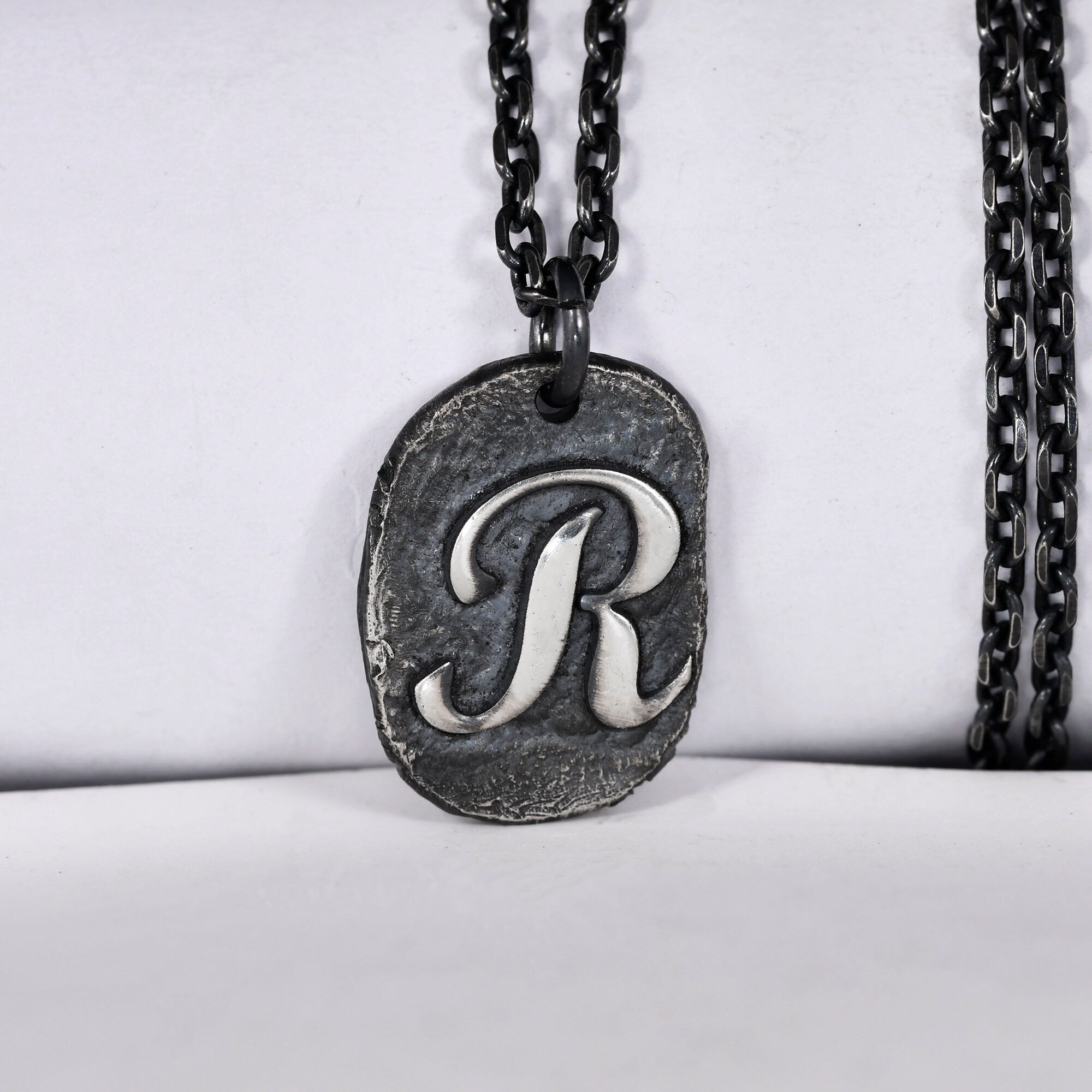 Custom Initial Pendant made with Oxidized Sterling Silver / Rustic Handmade Stamp Letter necklace as Anniversary or Birthday Gift For Man