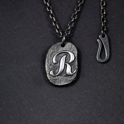 Custom Initial Pendant made with Oxidized Sterling Silver / Rustic Handmade Stamp Letter necklace as Anniversary or Birthday Gift For Man