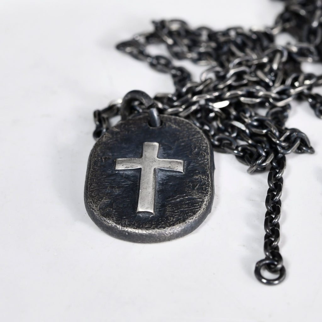 Silver Cross Man's Necklace / Black Rustic Handmade masculine cross Pendant