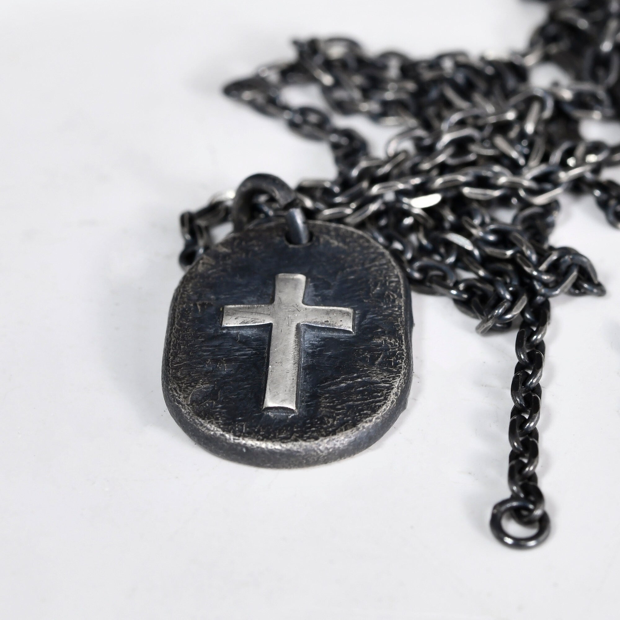 Silver Cross Man's Necklace / Black Rustic Handmade masculine cross Pendant