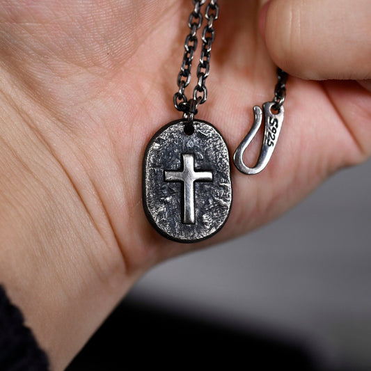 Silver Cross Man's Necklace / Black Rustic Handmade masculine cross Pendant