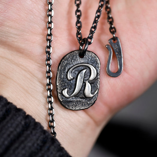 Custom Initial Pendant made with Oxidized Sterling Silver / Rustic Handmade Stamp Letter necklace as Anniversary or Birthday Gift For Man