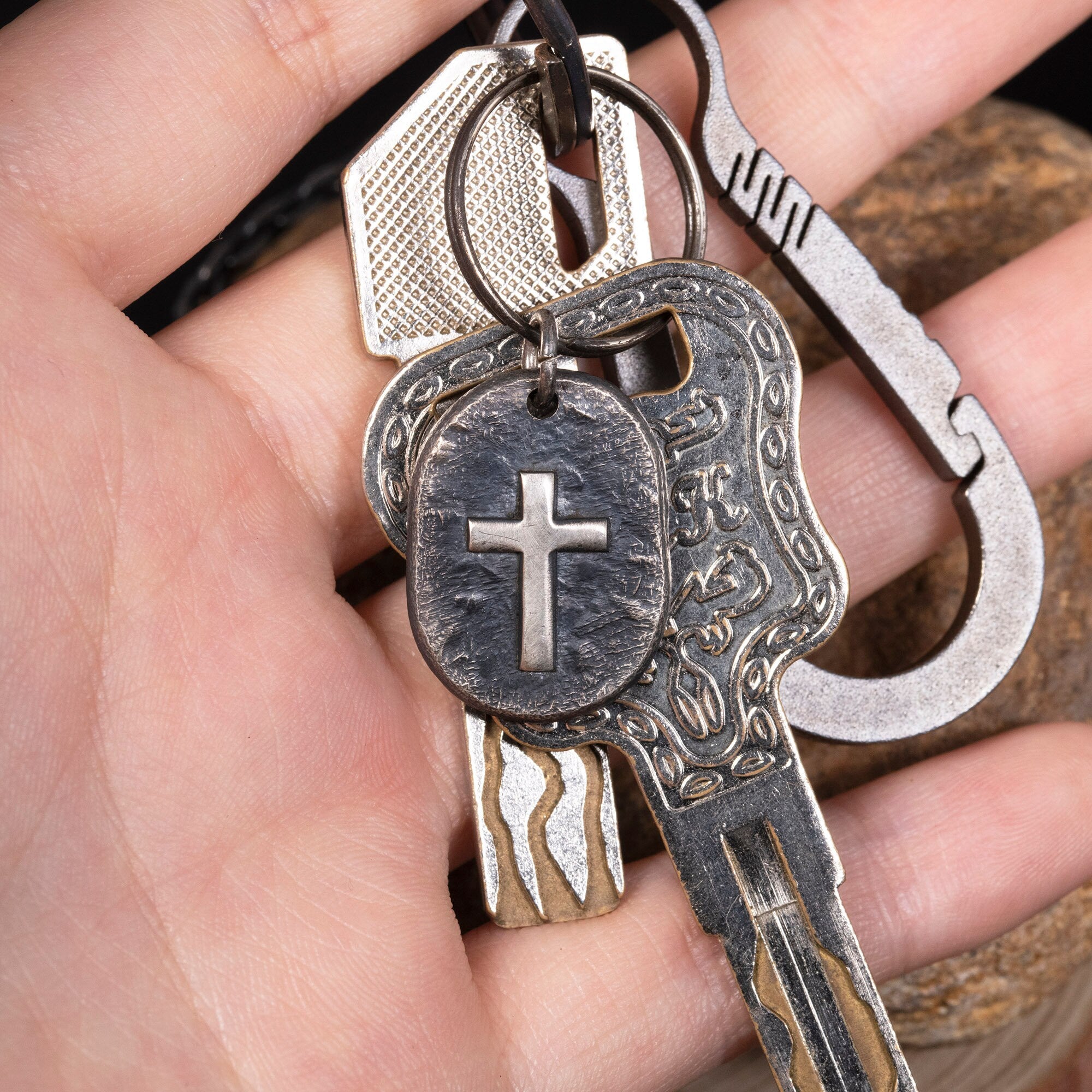 Silver Cross Man's Necklace / Black Rustic Handmade masculine cross Pendant
