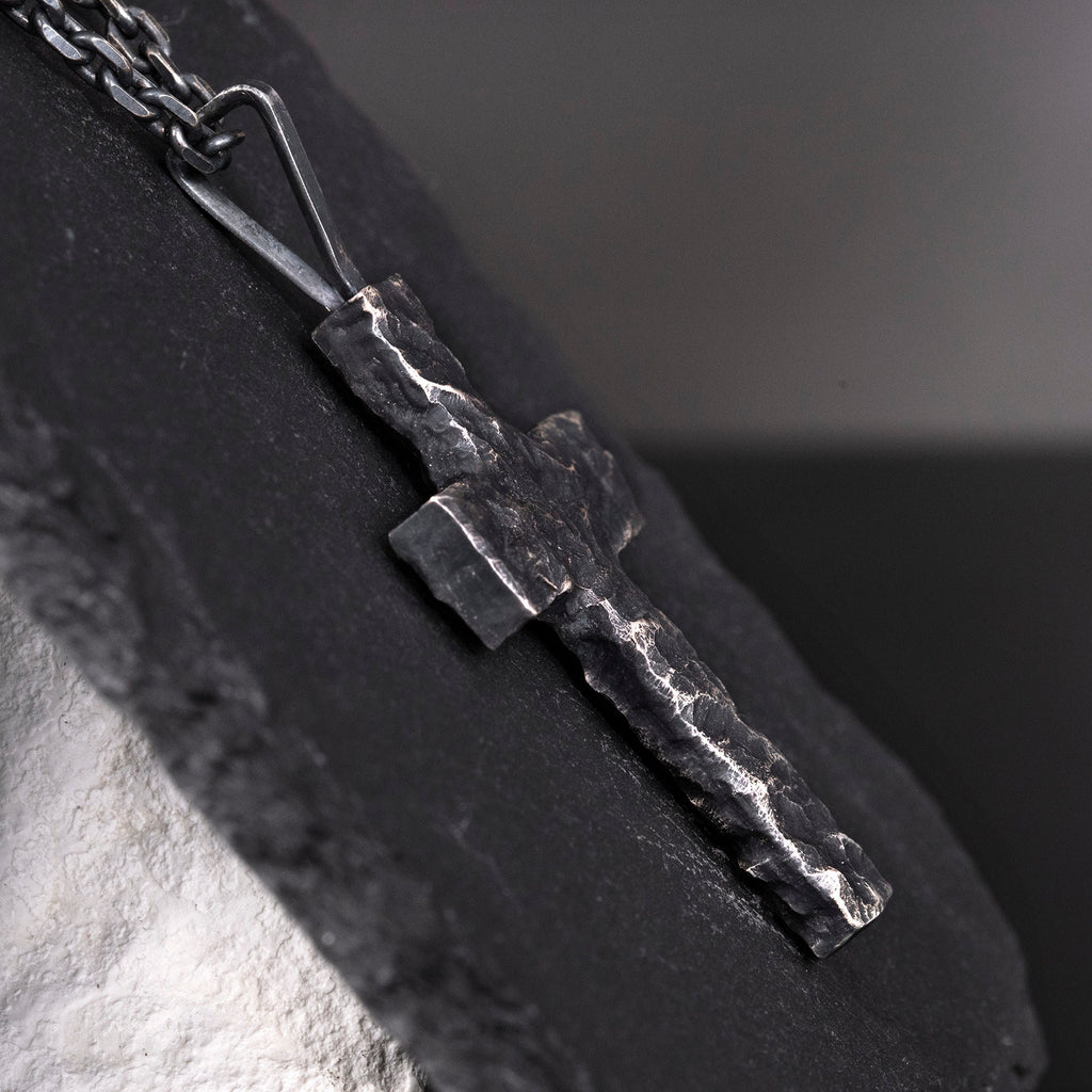 Handcrafted Cross Man's Necklace/ Black Rock texture Rustic Handmade cross Pendant/ Big Heavy Cross/ Father's Day gift