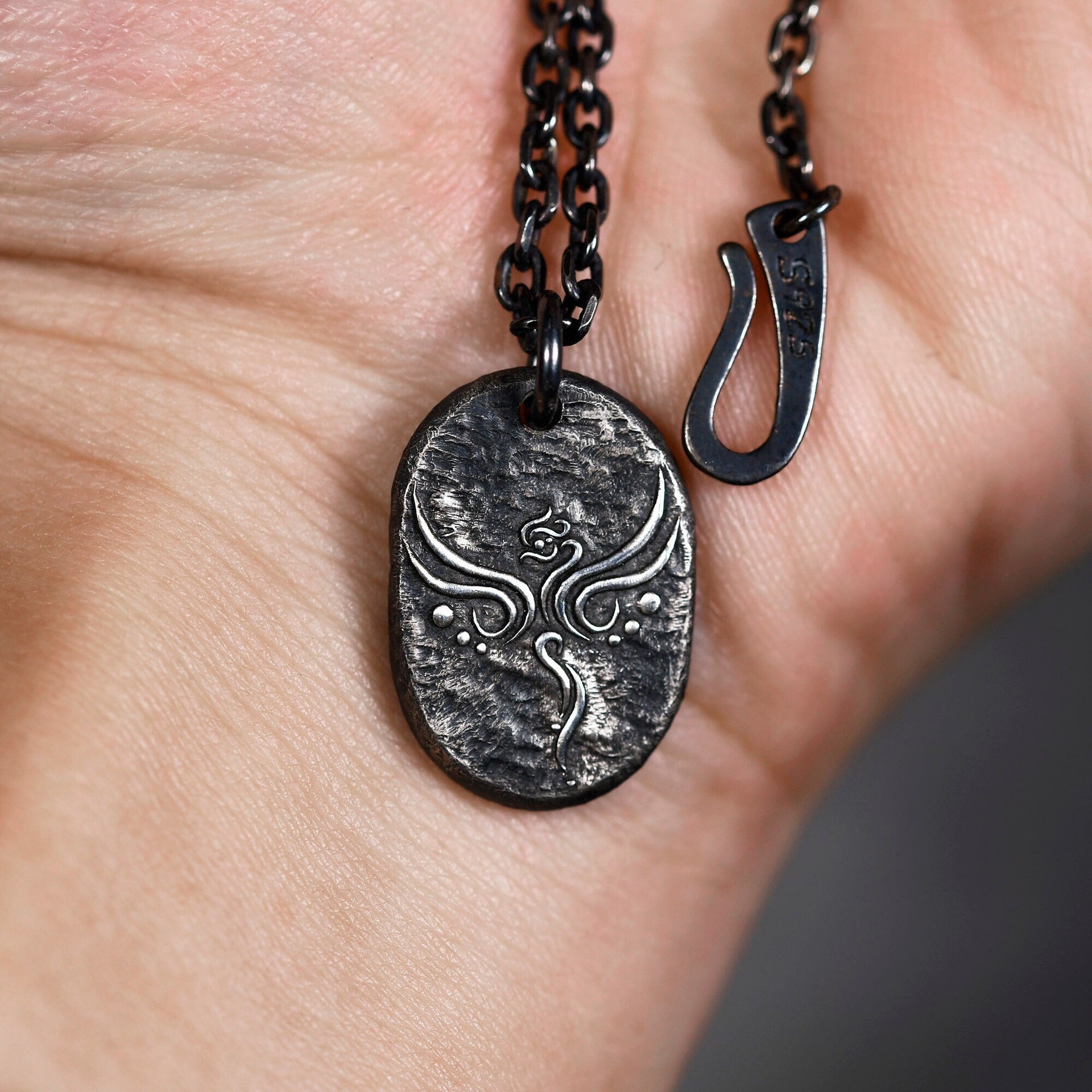 Phoenix totem pendant in oxidized sterling silver by YophieMade