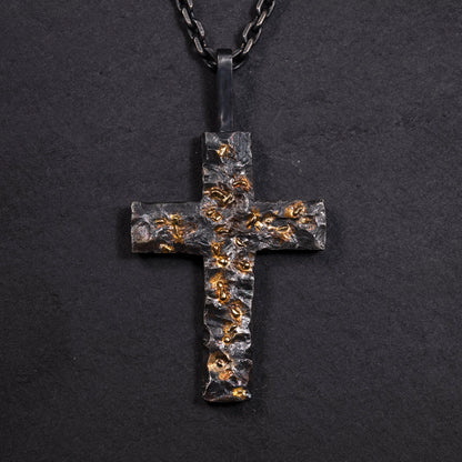 Black Golden Cross Man's Necklace handmade with S925 & Solid 18K Gold Fusing Lava Rustic Black Rock texture Handmade cross Pendant