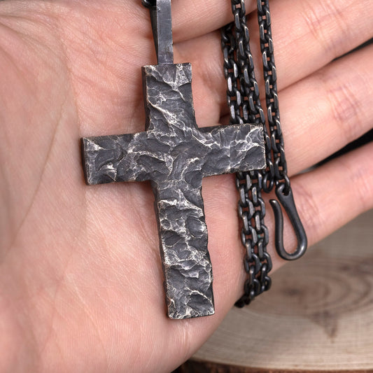 Handcrafted Cross Man's Necklace/ Black Rock texture Rustic Handmade cross Pendant/ Big Heavy Cross/ Father's Day gift