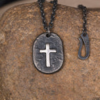Silver Cross Man's Necklace / Black Rustic Handmade masculine cross Pendant