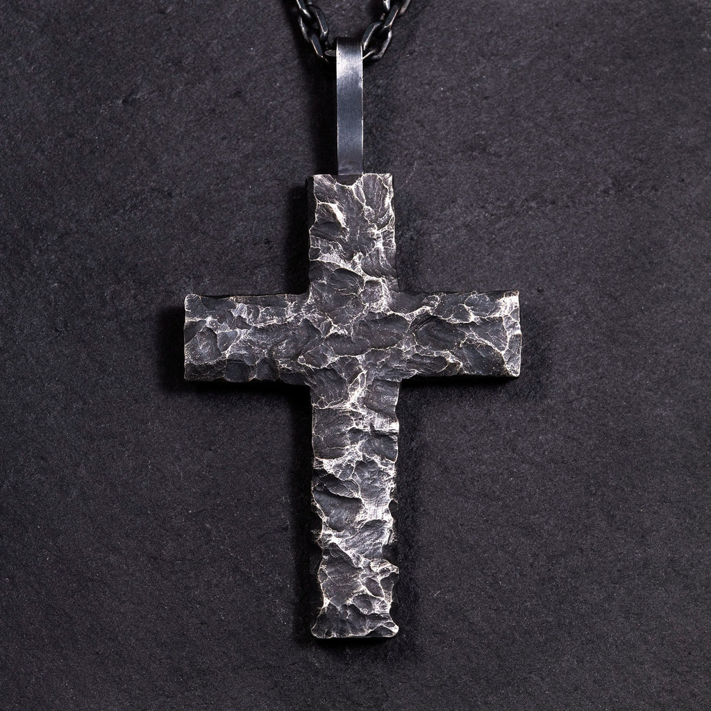 Handcrafted Cross Man's Necklace/ Black Rock texture Rustic Handmade cross Pendant/ Big Heavy Cross/ Father's Day gift