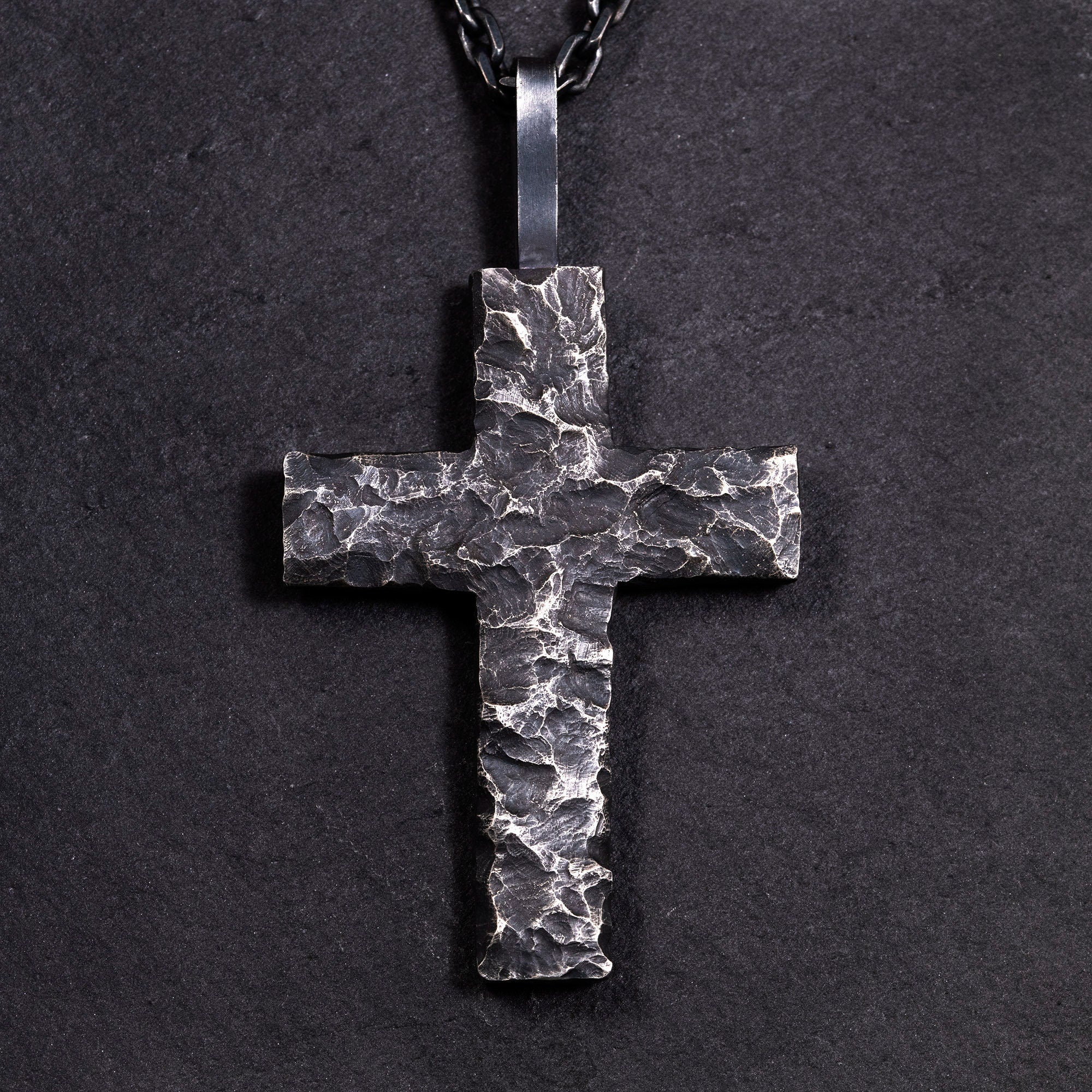 Handcrafted Cross Man's Necklace/ Black Rock texture Rustic Handmade cross Pendant/ Big Heavy Cross/ Father's Day gift