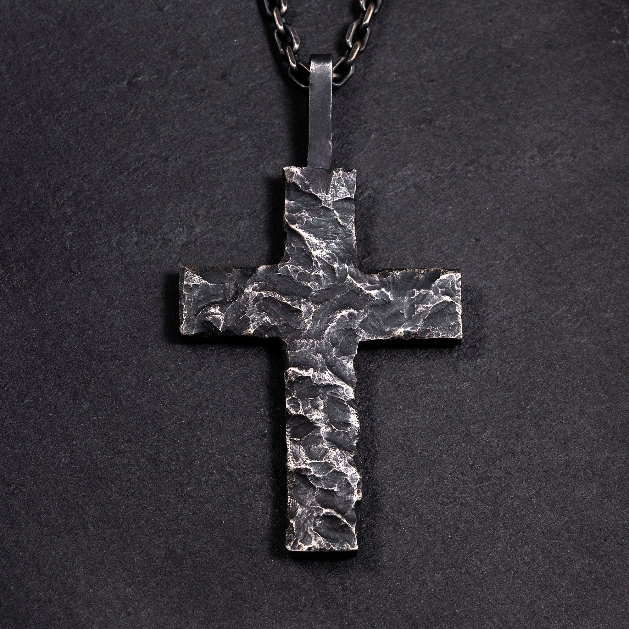 Handcrafted Cross Man's Necklace/ Black Rock texture Rustic Handmade cross Pendant/ Big Heavy Cross/ Father's Day gift