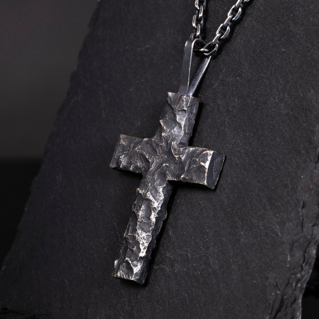 Handcrafted Cross Man's Necklace/ Black Rock texture Rustic Handmade cross Pendant/ Big Heavy Cross/ Father's Day gift