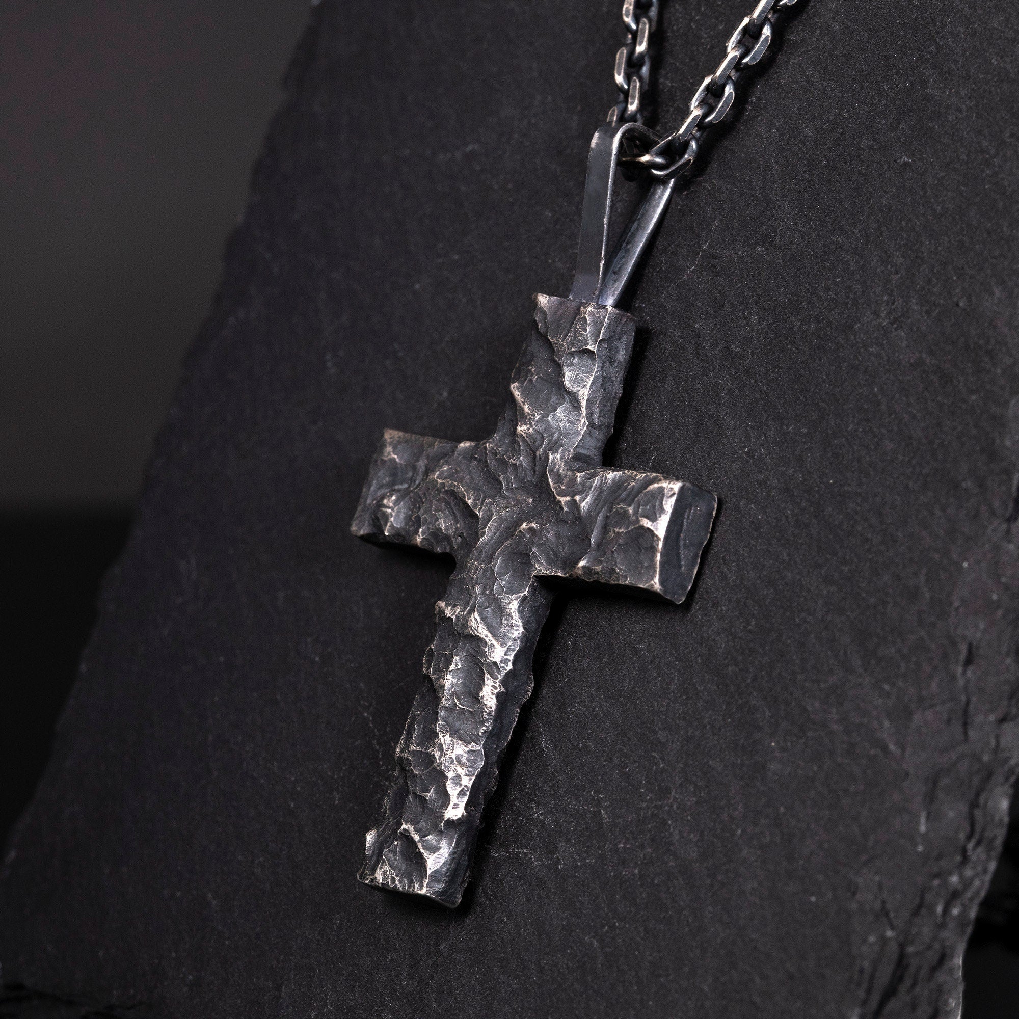 Handcrafted Cross Man's Necklace/ Black Rock texture Rustic Handmade cross Pendant/ Big Heavy Cross/ Father's Day gift