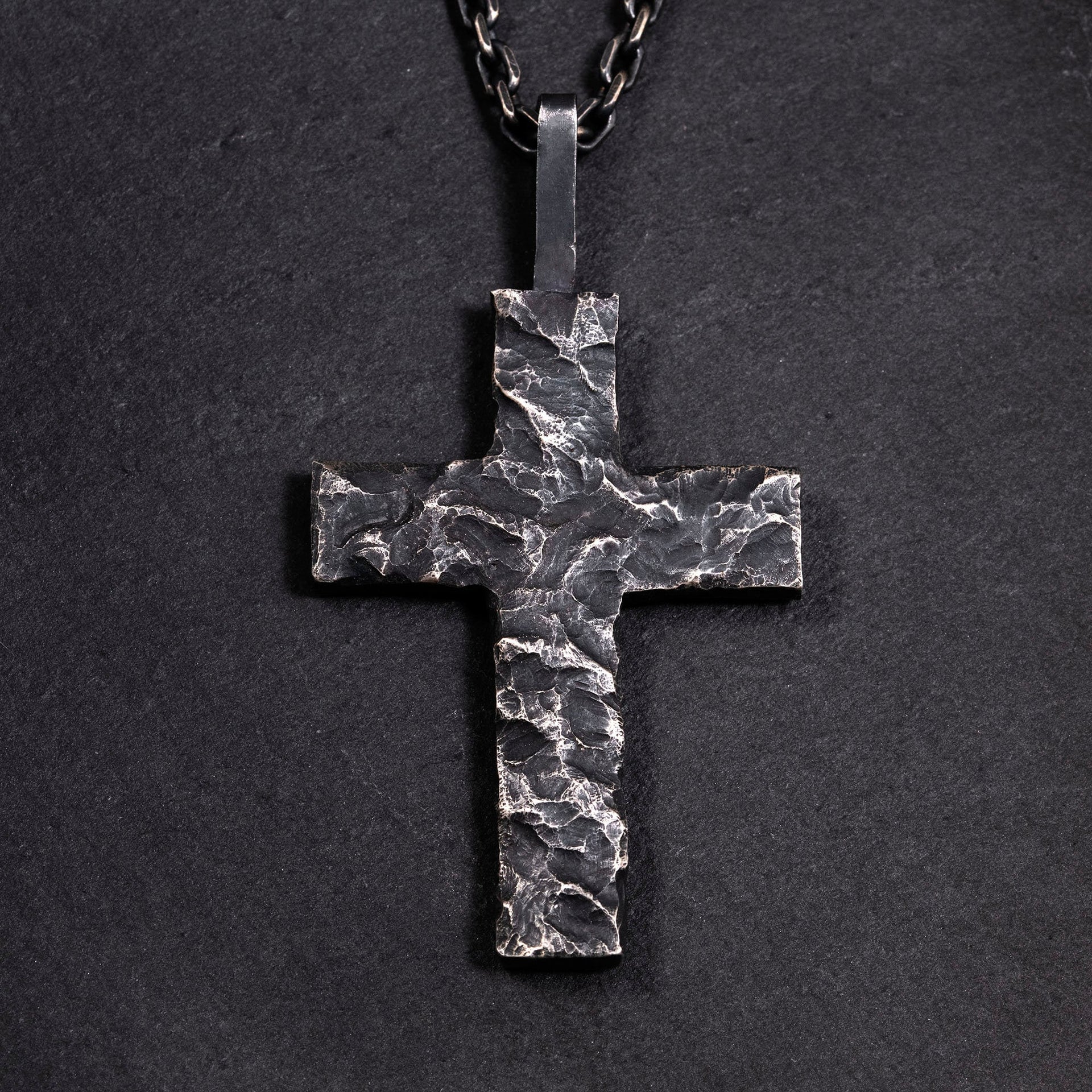 Black Golden Cross Man's Necklace handmade with S925 & Solid 18K Gold Fusing Lava Rustic Black Rock texture Handmade cross Pendant