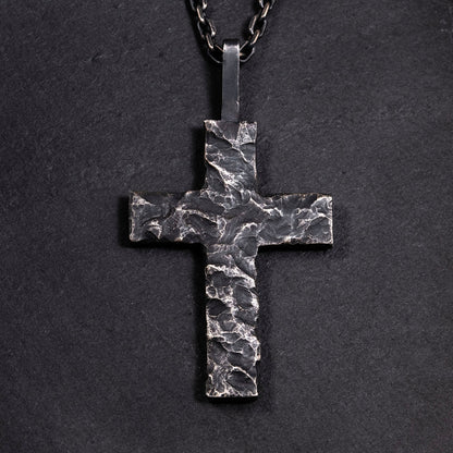 Black Golden Cross Man's Necklace handmade with S925 & Solid 18K Gold Fusing Lava Rustic Black Rock texture Handmade cross Pendant