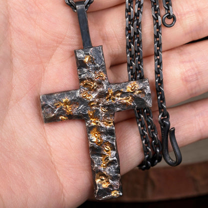 Black Golden Cross Man's Necklace handmade with S925 & Solid 18K Gold Fusing Lava Rustic Black Rock texture Handmade cross Pendant