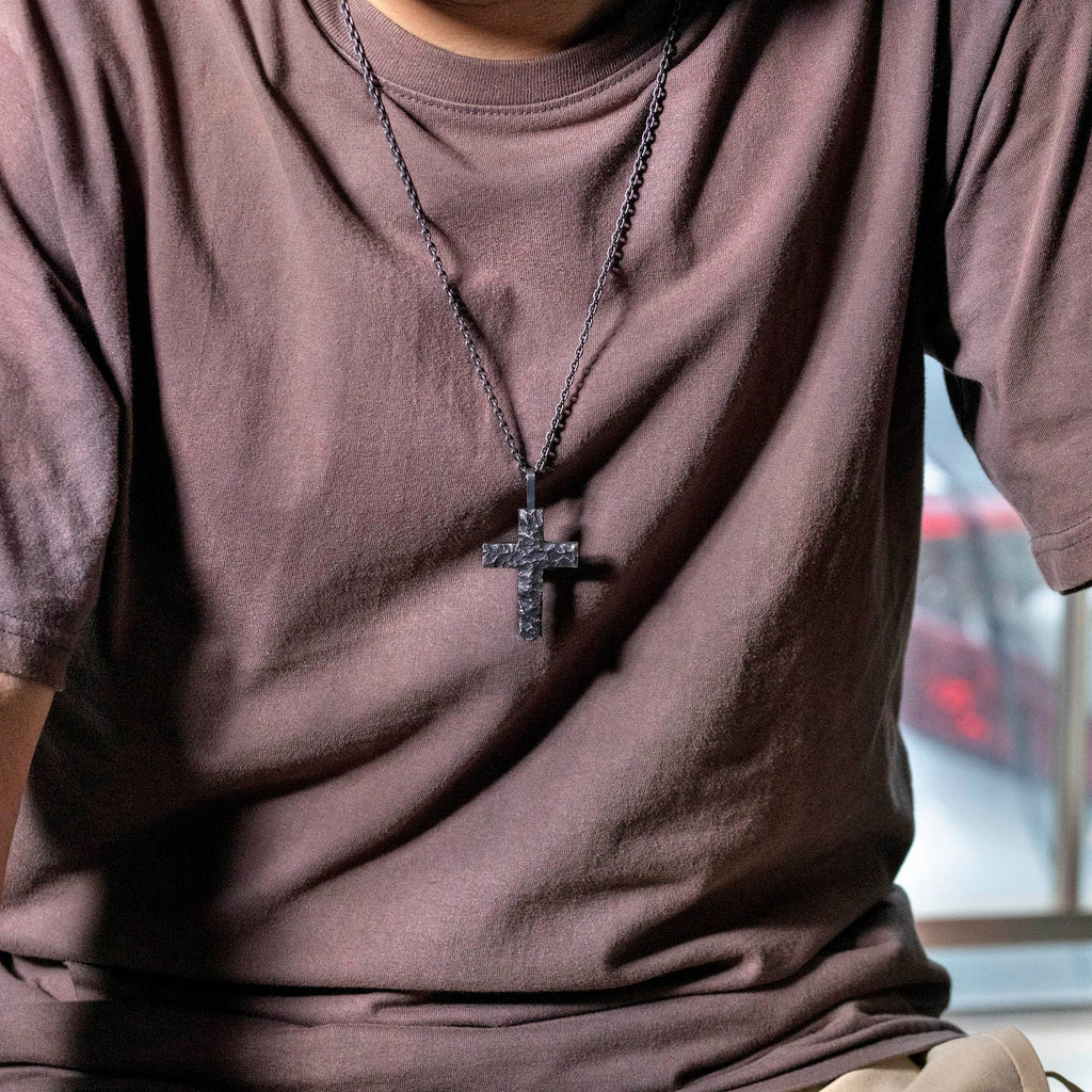Handcrafted Cross Man's Necklace/ Black Rock texture Rustic Handmade cross Pendant/ Big Heavy Cross/ Father's Day gift
