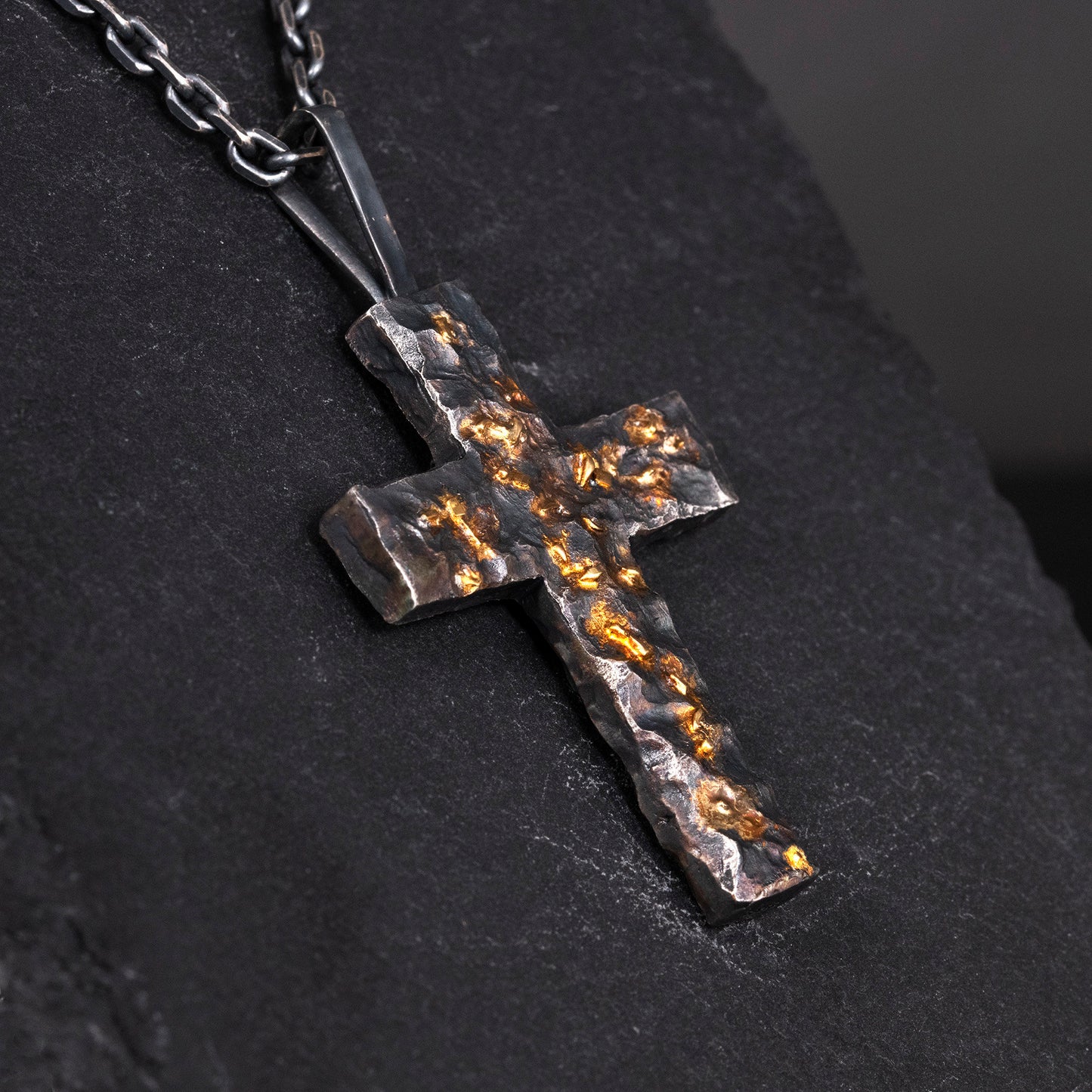 Black Golden Cross Man's Necklace handmade with S925 & Solid 18K Gold Fusing Lava Rustic Black Rock texture Handmade cross Pendant