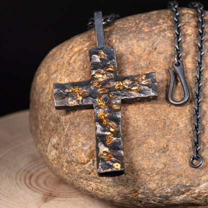 Black Golden Cross Man's Necklace handmade with S925 & Solid 18K Gold Fusing Lava Rustic Black Rock texture Handmade cross Pendant