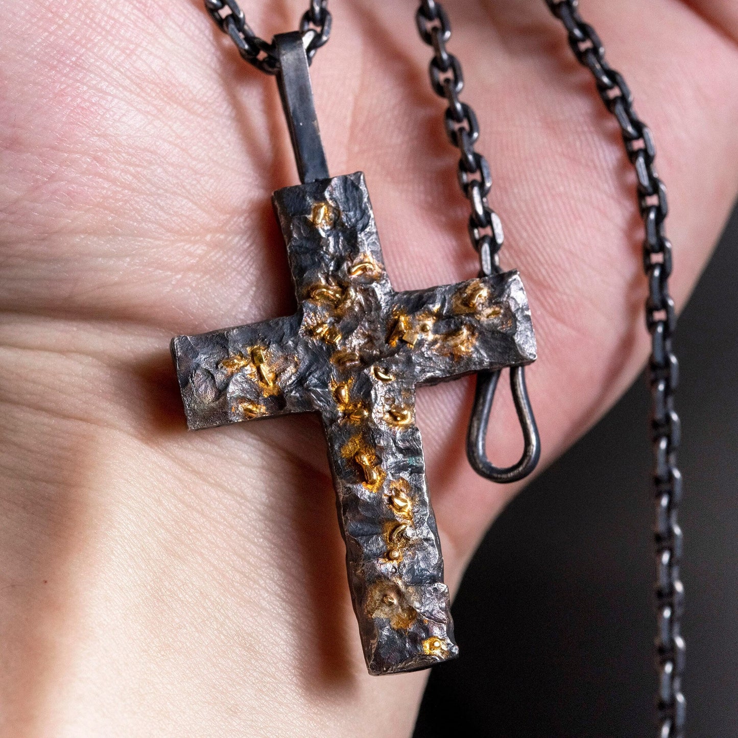 Black Golden Cross Man's Necklace handmade with S925 & Solid 18K Gold Fusing Lava Rustic Black Rock texture Handmade cross Pendant