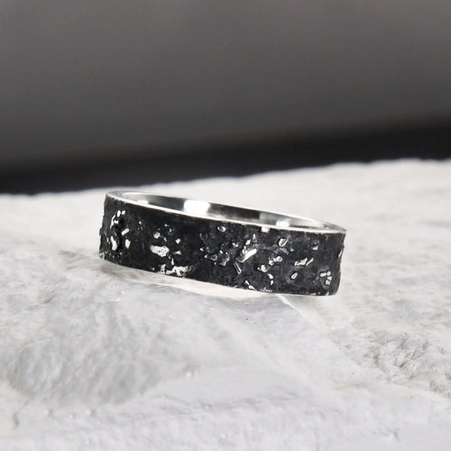 6mm sterling silver galaxy texture ring with oxidized gunmetal finish, handmade by YophieMade.