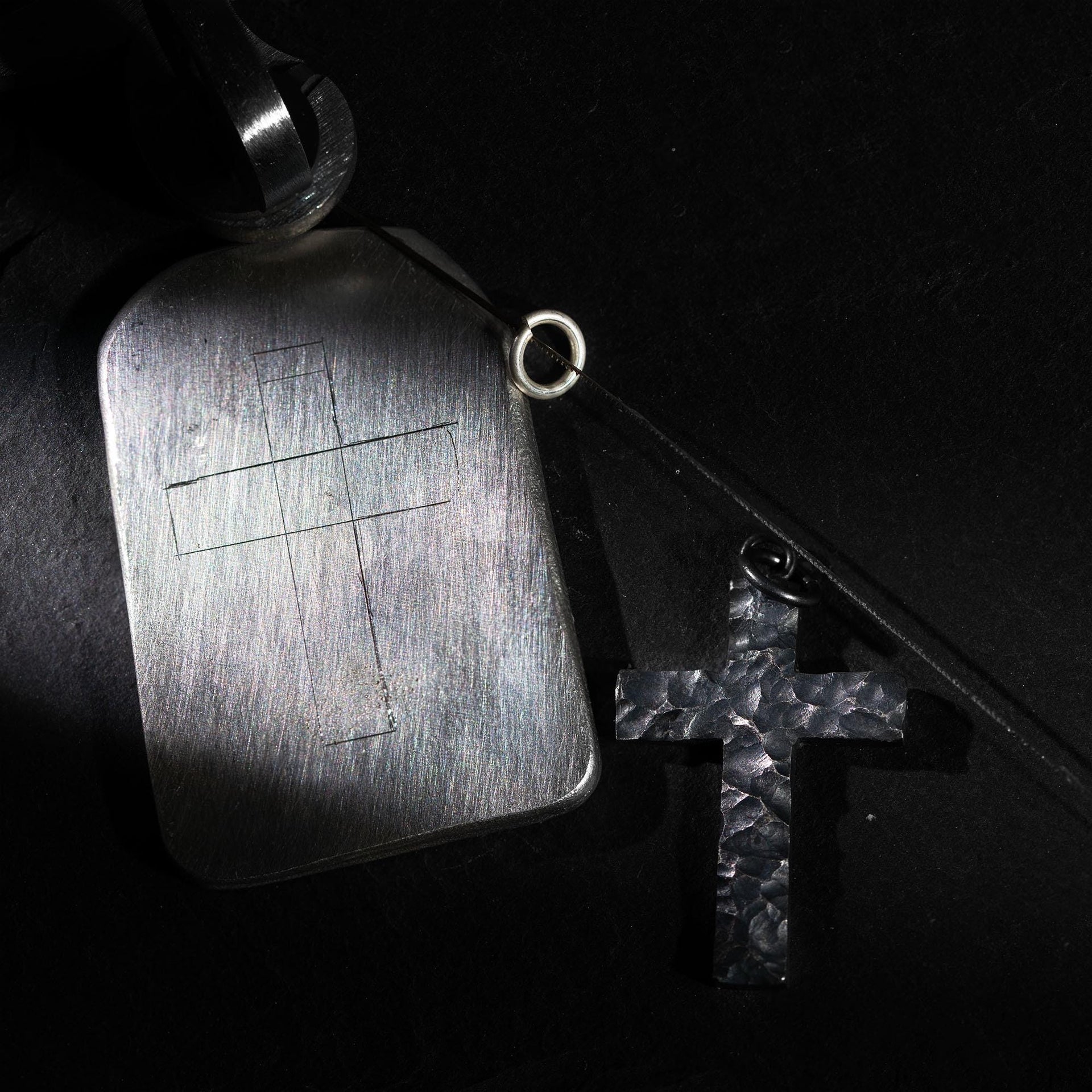 Mens black silver cross pendant with handmade oxidized finish