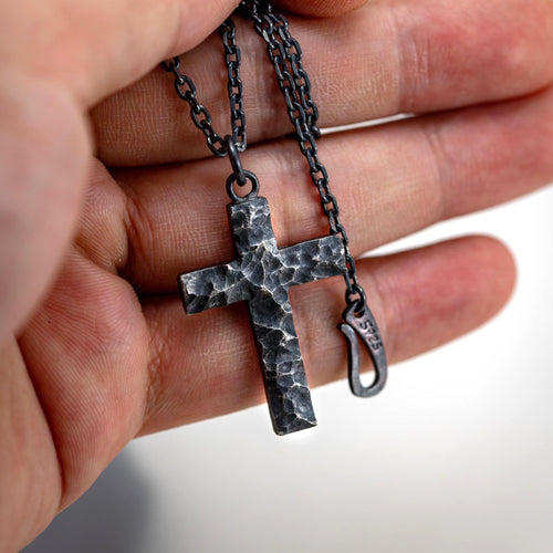 Black rock texture cross pendant in oxidized sterling silver by YophieMade