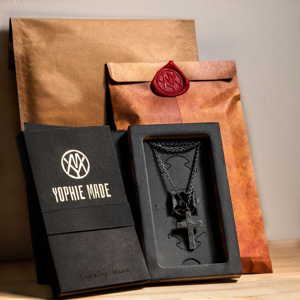 Eco-friendly and biodegradable packaging provided by YophieMade. The packaging set includes a black box with a foil-stamped logo with custom engraving message, brown paper envelope with a red seal of YophieMade logo on the envelope flap, and a brown kraft envelope on the outside.