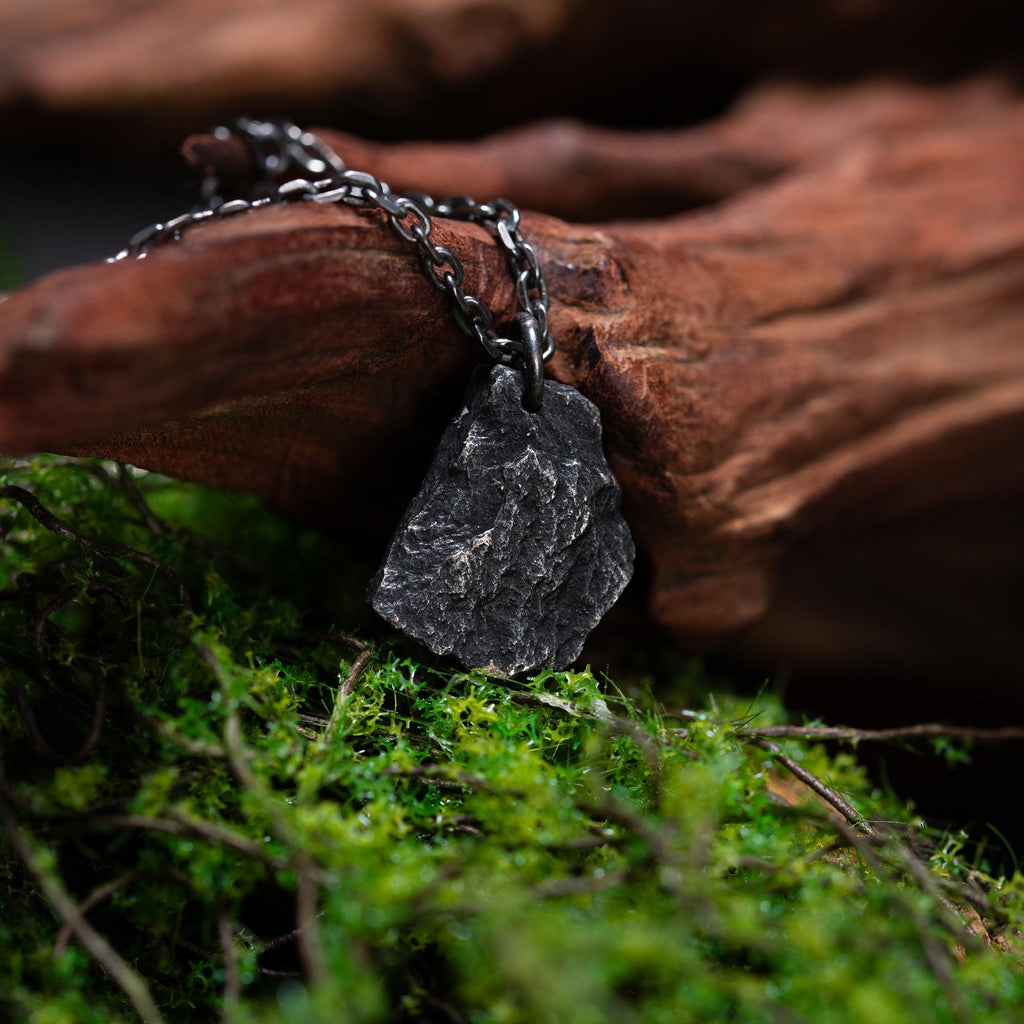 A dark, rugged silver pendant shaped like a natural rock, resting on green moss and leaning against a piece of textured driftwood. The pendant hangs from a black oxidized chain and features a raw, stone-like surface.