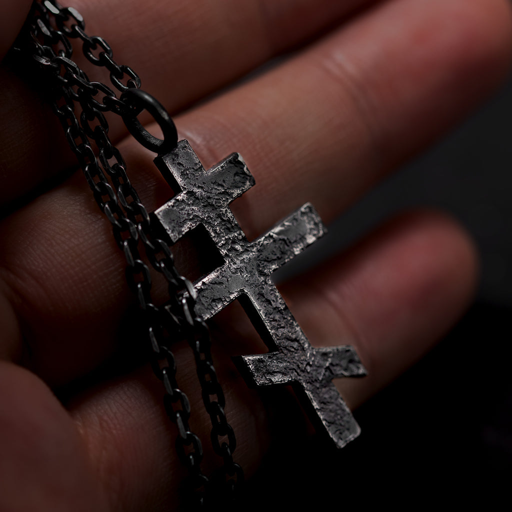 Personalized Orthodox cross necklace in oxidized sterling silver shown by hand, baptism or confirmation gift