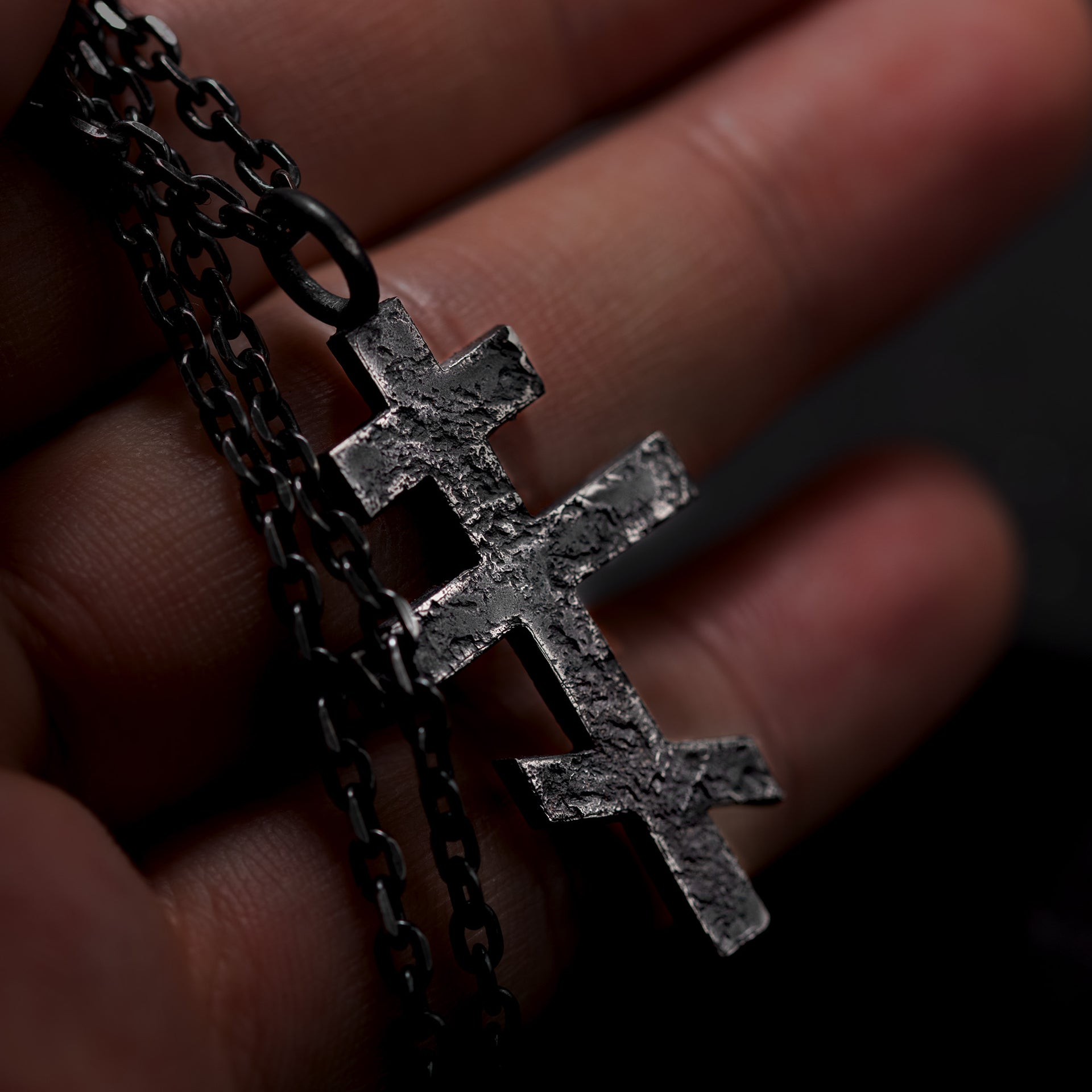 Personalized Orthodox cross necklace in oxidized sterling silver shown by hand, baptism or confirmation gift
