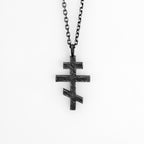 Front view of personalized three-bar Orthodox cross pendant in black oxidized solid S925 sterling silver