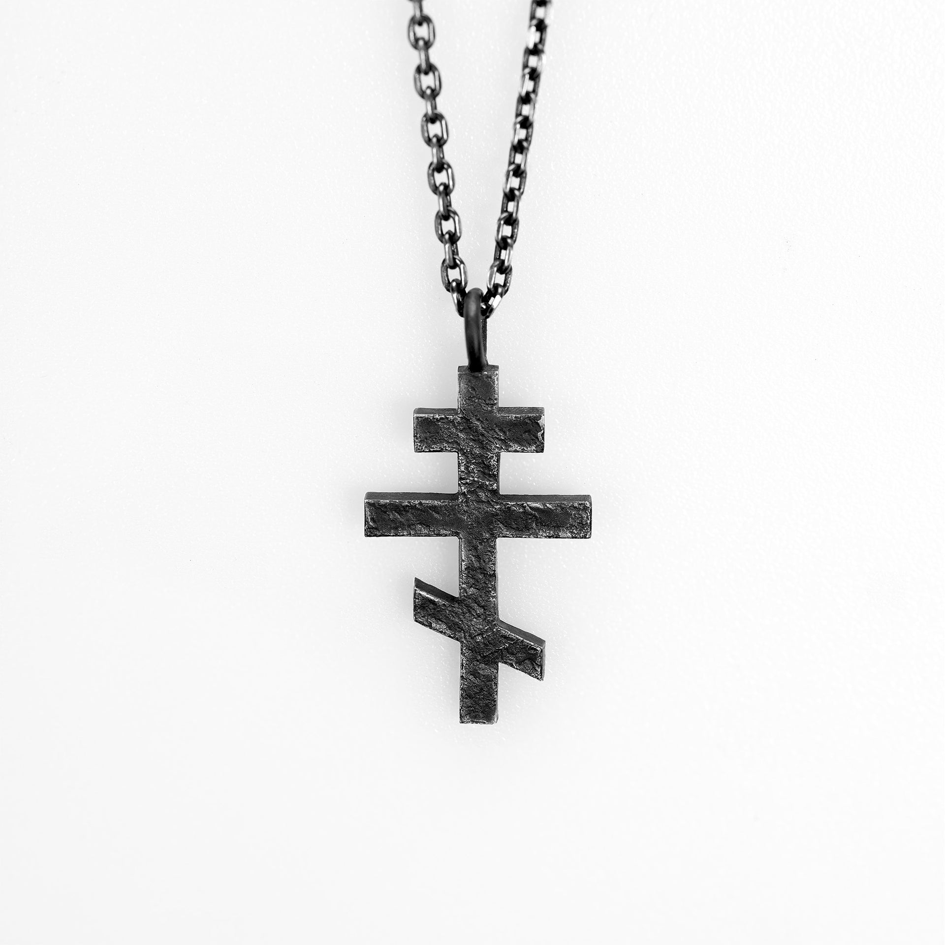 Front view of personalized three-bar Orthodox cross pendant in black oxidized solid S925 sterling silver
