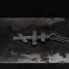 Hand-forged black sterling silver Orthodox three-bar cross pendant with oxidized texture and chain by YophieMade