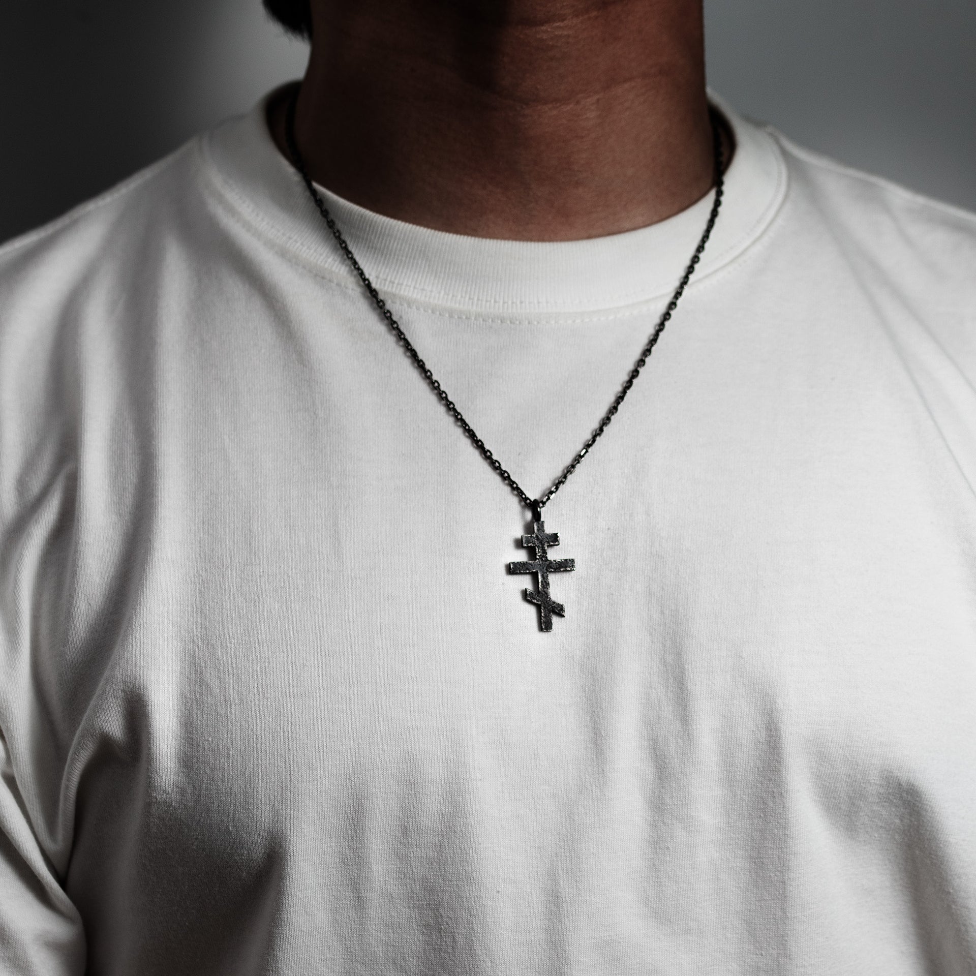 Handmade Orthodox cross pendant with three-bar crucifix design and dark oxidized sterling silver finish
