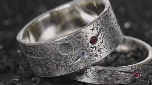 Personalized two ring set with birthstones and celestial star details
