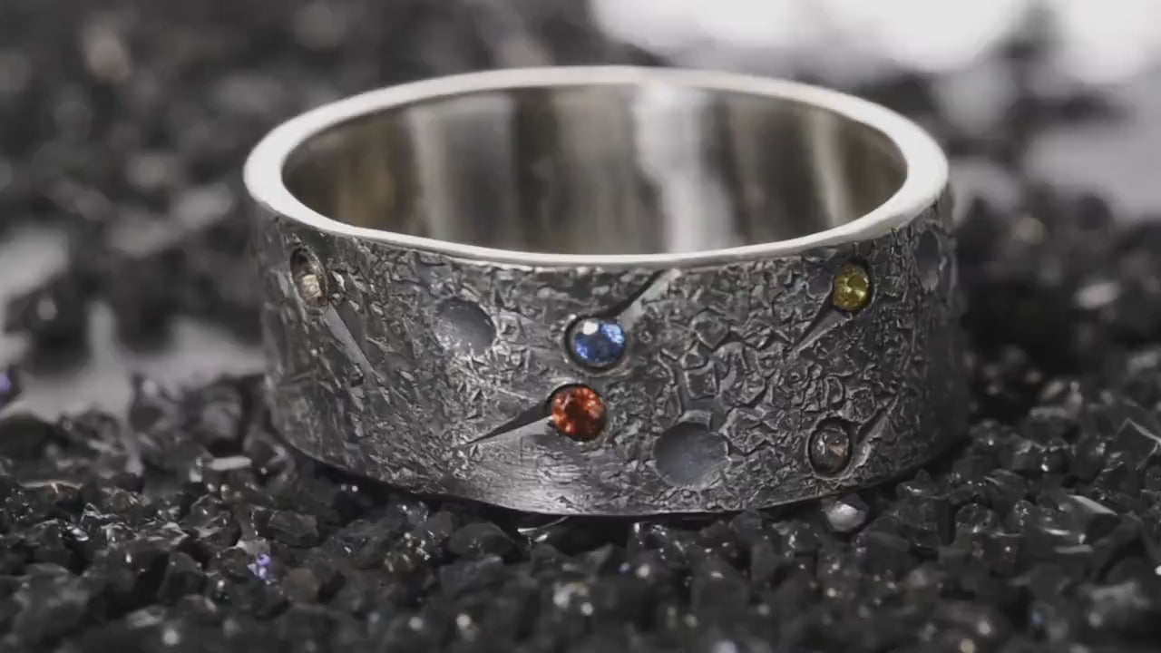 Personalized Birthstone Planet Ring with 12 gems on it/Viking Wedding Band/Rustic Engagement Ring/Chunky rings/moon and star ring